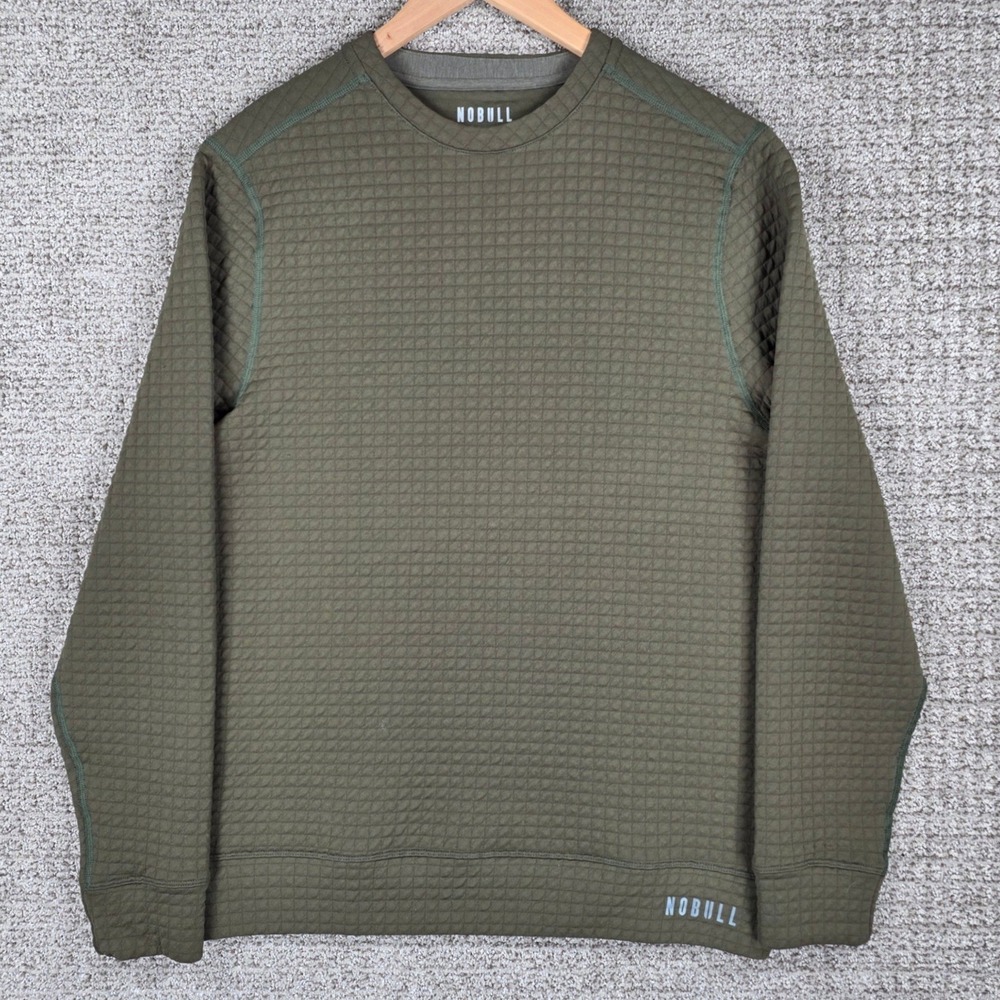 NOBULL Mens Quilted Crewneck‎ Sweatshirt Medium Army Green Waffle Knit Pullover